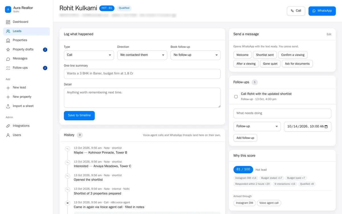 A lead’s page: log a call, send a WhatsApp, book a follow-up